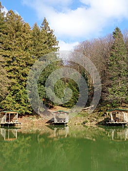 Places for fishing on lake in the forest, Caucasus Nature Reserve