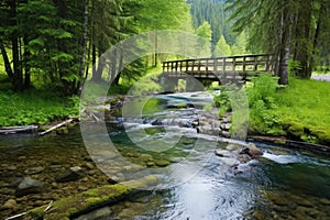 placid hot spring with sturdy bridge