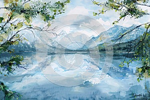 Placid lake captured in a narrow vertical frame, painted with soft pastel watercolors AI Generate
