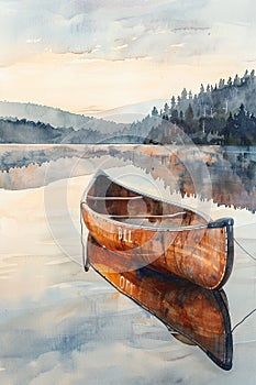 Placid lake with a single canoe, painted in soft watercolors, reflecting a quiet morning AI Generate