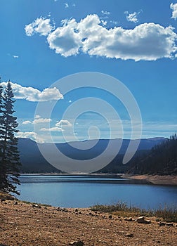 Placid still lake with mountains in distance