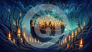 Dying metaphor with bodies crossing over the other side in a boat original illustration art photo