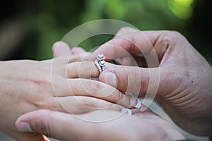 Placing wedding ring on finger photo