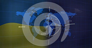 Placing white NATO compass rose emblem on grid map, showing data labels and yellow-blue wave