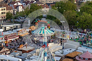 Plaerrer, Augsburg Germany, APRIL 22, 2019: view out of the ferris wheel over the Augsburger Plaerrer. Swabia biggest funfair