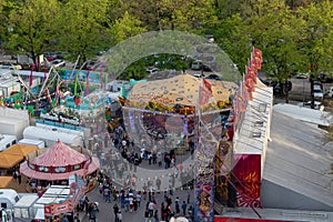 Plaerrer, Augsburg Germany, APRIL 22, 2019: view out of the ferris wheel over the Augsburger Plaerrer. Swabia biggest funfair