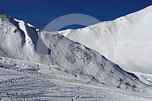 Plagne Centre, Winter landscape in the ski resort of La Plagne, France