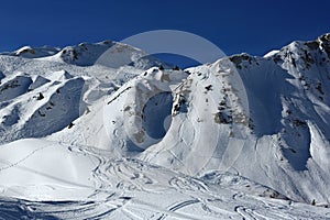 Plagne Centre, Winter landscape in the ski resort of La Plagne, France