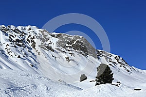 Plagne Centre, Winter landscape in the ski resort of La Plagne, France