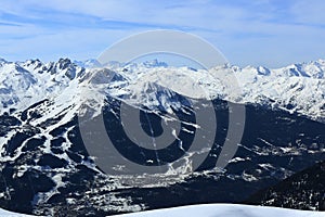 Plagne Centre, Winter landscape in the ski resort of La Plagne, France