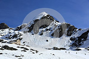 Plagne Centre, Winter landscape in the ski resort of La Plagne, France