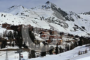 Plagne Centre, Winter landscape in the ski resort of La Plagne, France