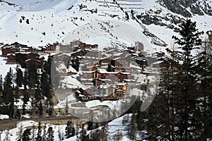 Plagne Centre, Winter landscape in the ski resort of La Plagne, France