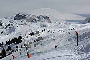 Plagne Centre, Winter landscape in the ski resort of La Plagne, France