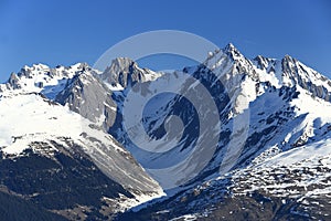 Plagne Centre, Winter landscape in the ski resort of La Plagne, France