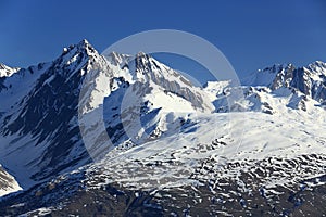 Plagne Centre, Winter landscape in the ski resort of La Plagne, France