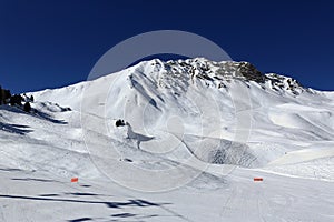 Plagne Centre, Winter landscape in the ski resort of La Plagne, France