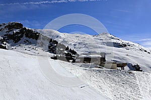 Plagne Centre, Winter landscape in the ski resort of La Plagne, France