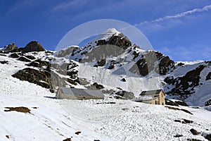 Plagne Centre, Winter landscape in the ski resort of La Plagne, France