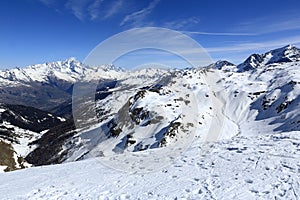 Plagne Centre, Winter landscape in the ski resort of La Plagne, France