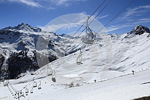 Plagne Centre, Winter landscape in the ski resort of La Plagne, France