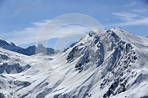 Plagne Centre, Winter landscape in the ski resort of La Plagne, France