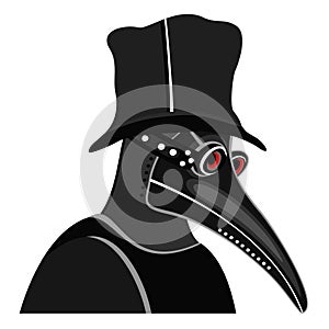 Plague doctor. Vector isolated illustration. Black and white. Red eyes.