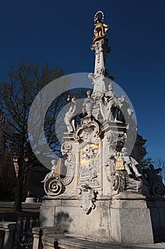 Plagure column with statue of Immaculate, placed in front of Nitra castle, western Slovakia.