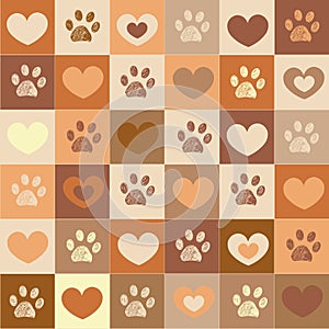 Plaid brown hearts and paws pattern