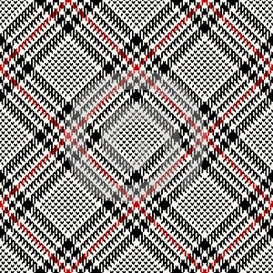 Plaid check pattern in black, red, off white. Tweed seamless tartan plaid hounds tooth graphic vector texture for jacket, coat.