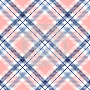 Plaid check pattern in navy blue, pink and white. Seamless fabric texture.