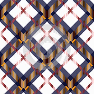 Plaid check pattern in orange, blue, red, black and white. Seamless fabric texture for digital textile printing.