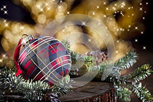 Plaid Christmas Ornament with Gold Bokeh