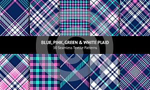 Plaid design set in bright blue, pink, green, white. Seamless tartan check backgrounds for flannel shirt, skirt, scarf, duvet.