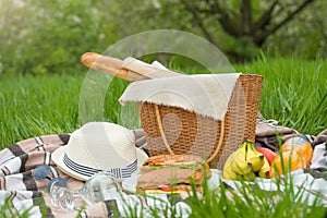 Plaid, hat, glasses, book, senvichi, juice and fruit with a basket on a plaid on the green grass. The concept of a picnic, summer