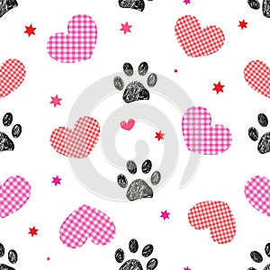 Plaid hearts with seamless black pattern with doodle paw prints. Happy Valentine`s day or Merry Christmas design fabric pattern