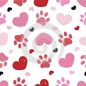 Plaid hearts with seamless black pattern with doodle paw prints. Happy Valentine`s day or Merry Christmas design fabric seamless p