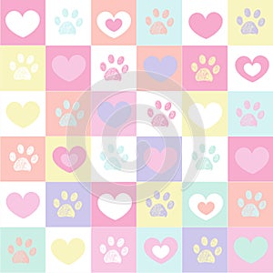 Plaid pastel hearts and paws pattern