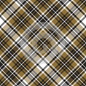 Plaid pattern in black, gold, white. Seamless herringbone textured dark contrast Scottish tartan check plaid for autumn design.