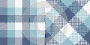 Plaid pattern in blue, slate grey, white. Seamless herringbone textured light tartan check set for flannel shirt, picnic blanket.