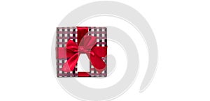 Plaid pattern gift box with red ribbon bow and blank greeting card isolated on white background, just add your own