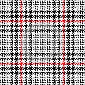 Plaid pattern glen in black, red, white. Seamless tweed tartan plaid hounds tooth graphic vector texture for jacket, coat, skirt.
