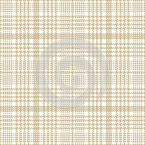 Plaid pattern glen in soft beige and white. Seamless light tweed check houndstooth textured tartan background vector for jacket.