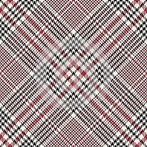 Plaid pattern. Glen vector in black, red, off white. Seamless tweed hounds tooth textured tartan checks for skirt, tablecloth.