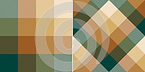 Plaid pattern in green, brown, gold, beige for spring autumn winter. Seamless herringbone tartan check vector set for scarf, blank