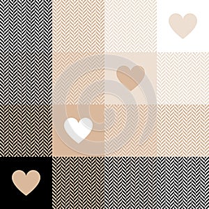 Plaid pattern with hearts for Valentine\'s Day print in black, beige, white.