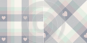 Plaid pattern with hearts for Valentines Day in light grey, powder pink, mint green. Seamless tartan buffalo check plaid set for f