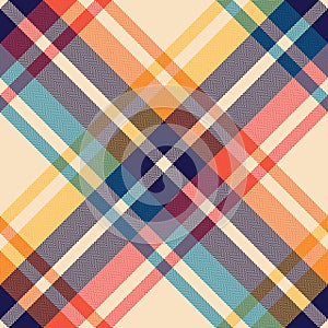 Plaid pattern modern colorful seamless texture. Multicolored large diagonal herringbone check vector in navy blue, red, orange.