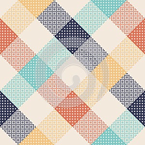 Plaid pattern. Multicolored design with polka dot motif and pixel ornament in blue, turquoise, orange, yellow, off white.