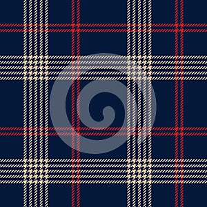 Plaid pattern in navy blue, red, beige. Seamless asymmetric dark houndstooth tartan check vector for skirt, scarf, jacket, coat.